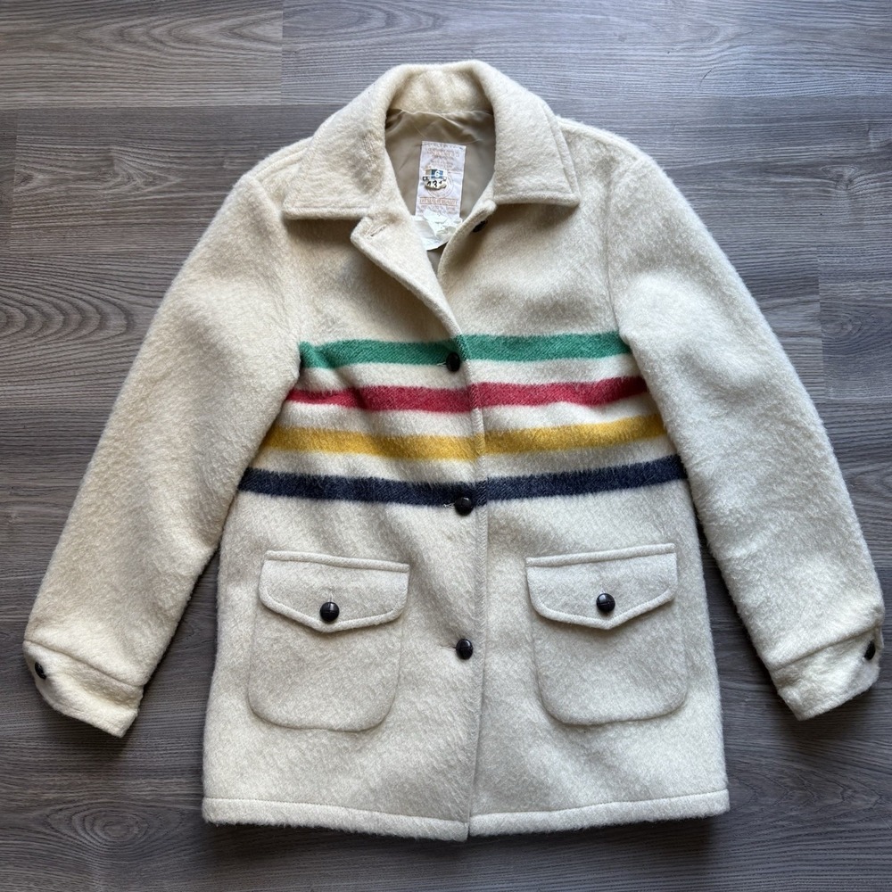 VTG Hudson's‎ Bay Wool Point Blanket Jacket Coat Stripes Womens Size 12